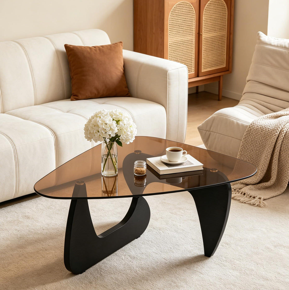 Brown Glass Coffee Table with Wood Base Y73353