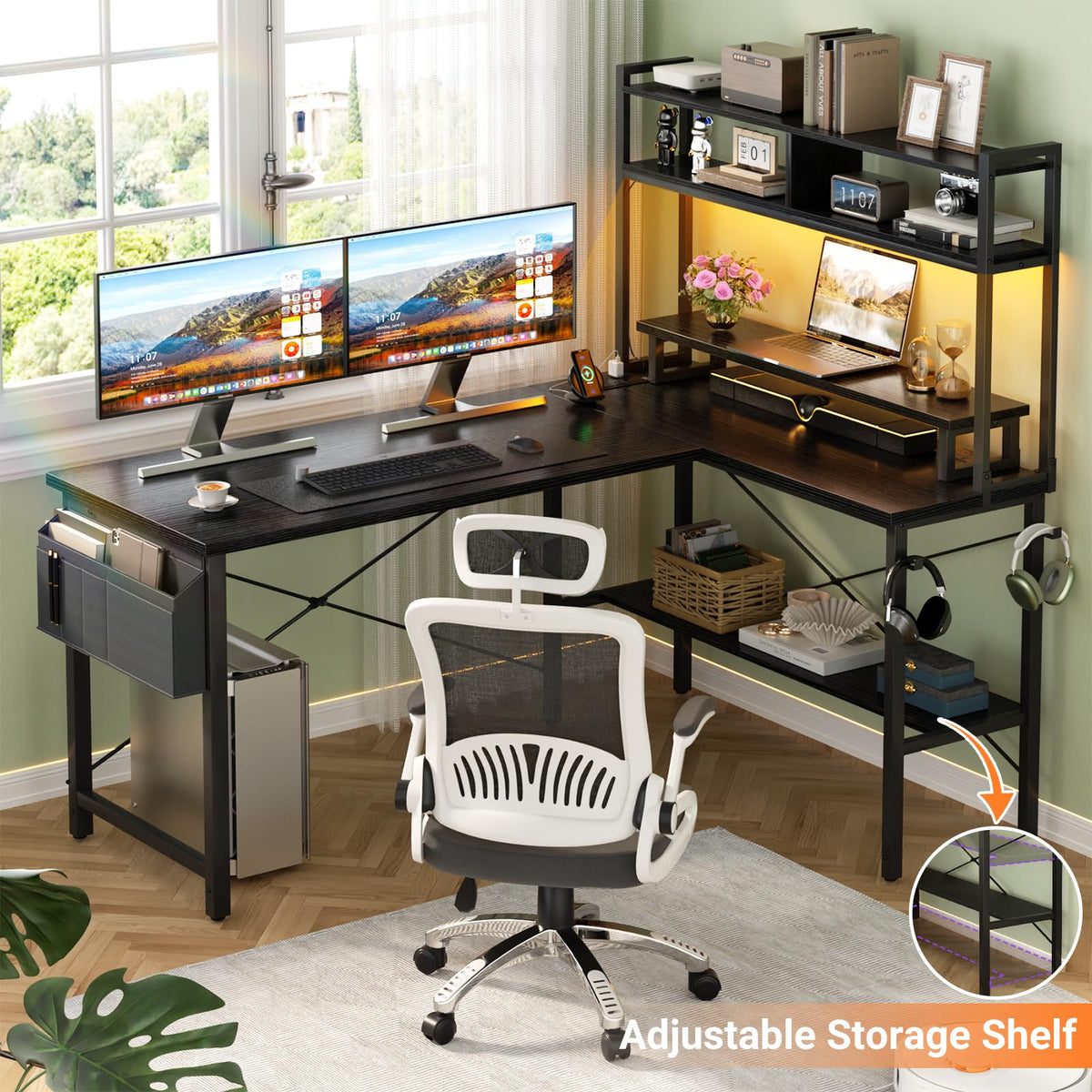 L Shaped Gaming Desk with Power Outlets & LED Lights, Black J916