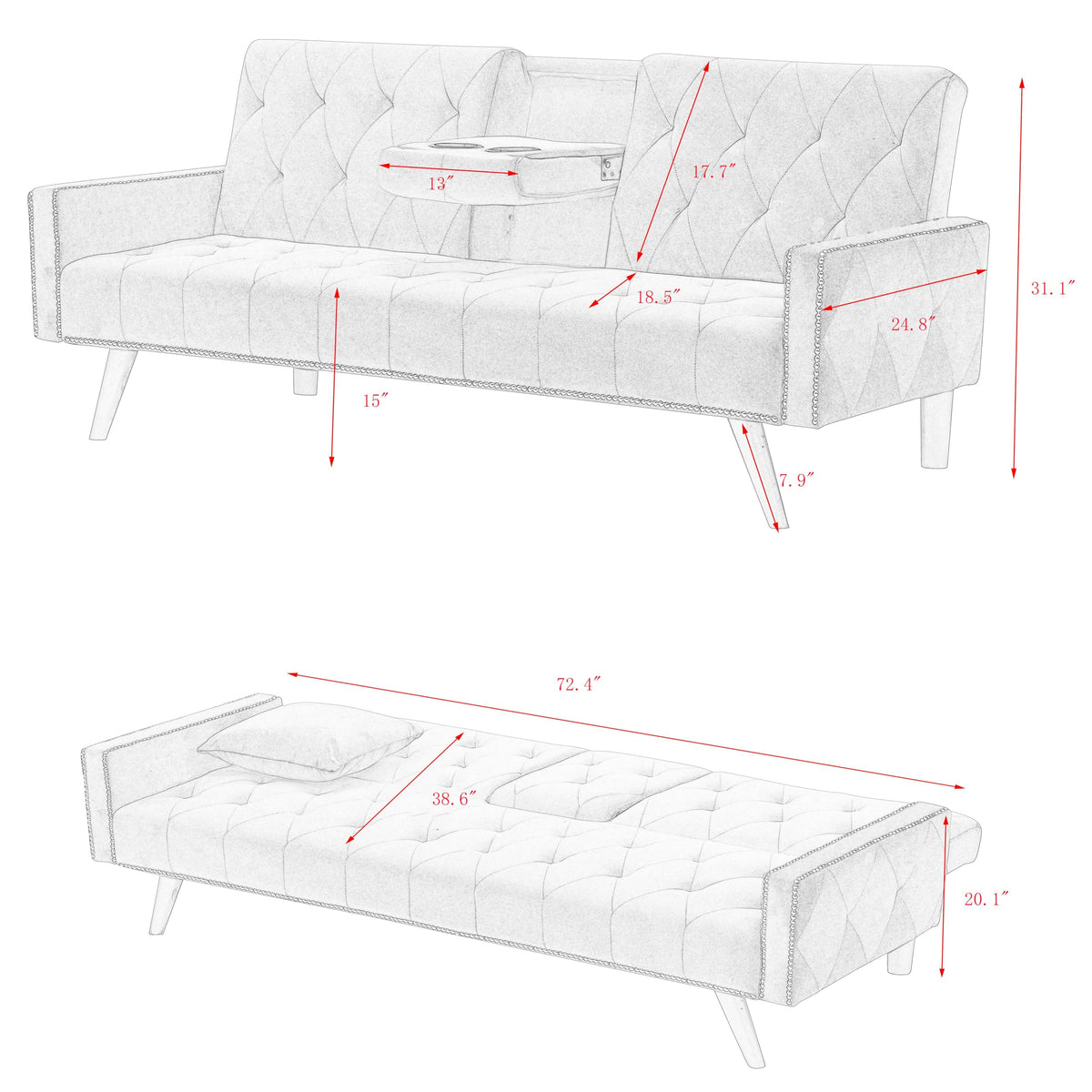 Pink Velvet Convertible Sofa Bed with Cup Holders N639111