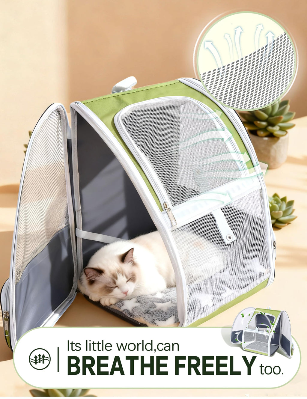 Cat Backpack Carrier with Washable Bed Mat Green L133805