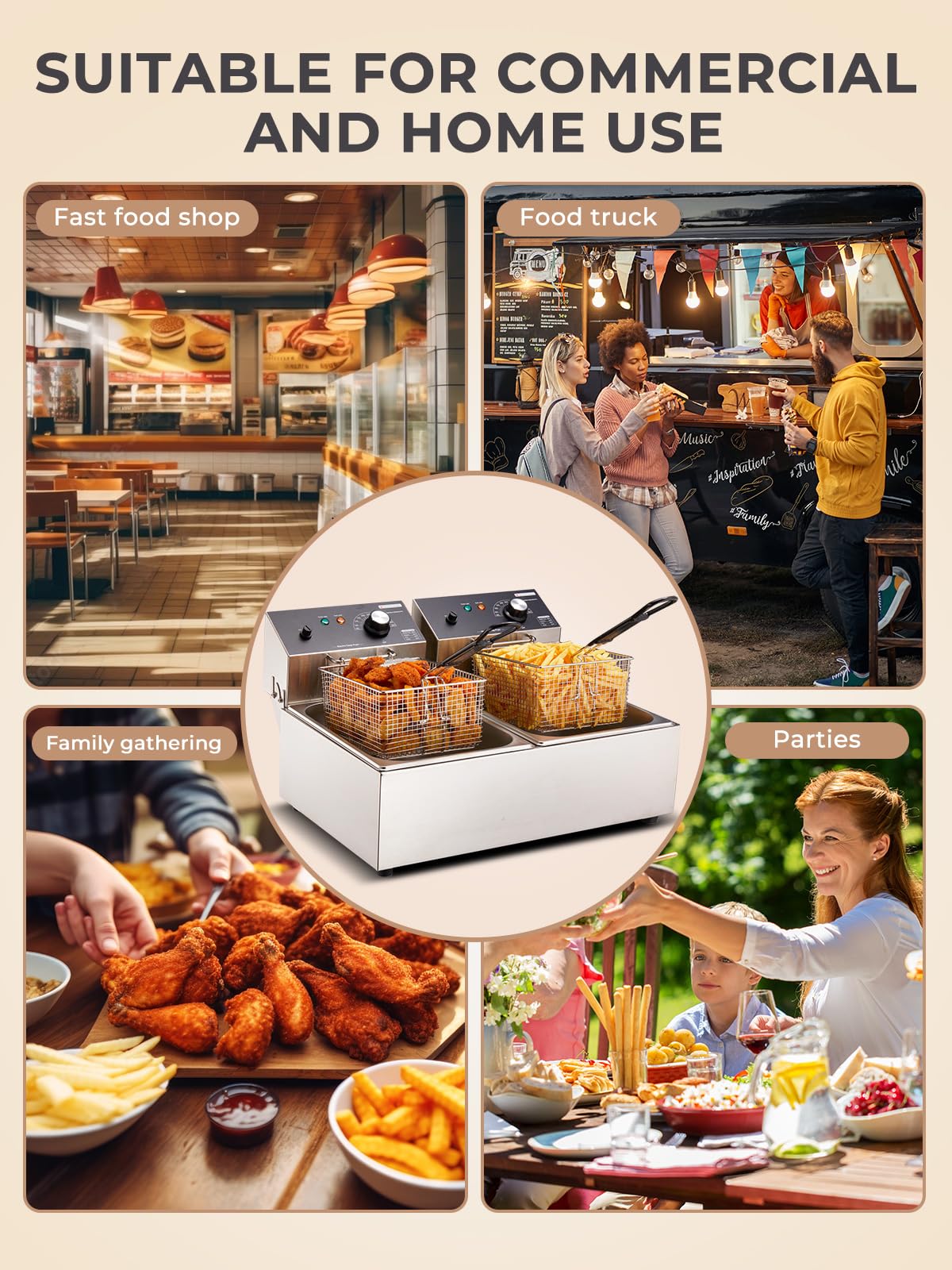 3400W 20.7QT Stainless Steel Electric Deep Fryer with 2 Removable Baskets C4543