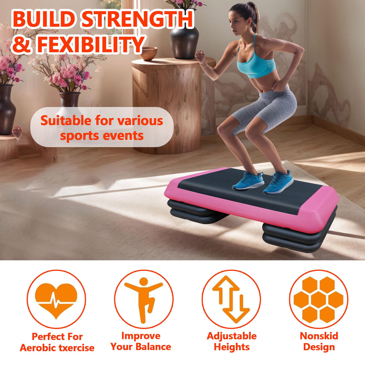 43" Adjustable Aerobic Step Platform with 4 Risers, 550 LBS Capacity Z52088