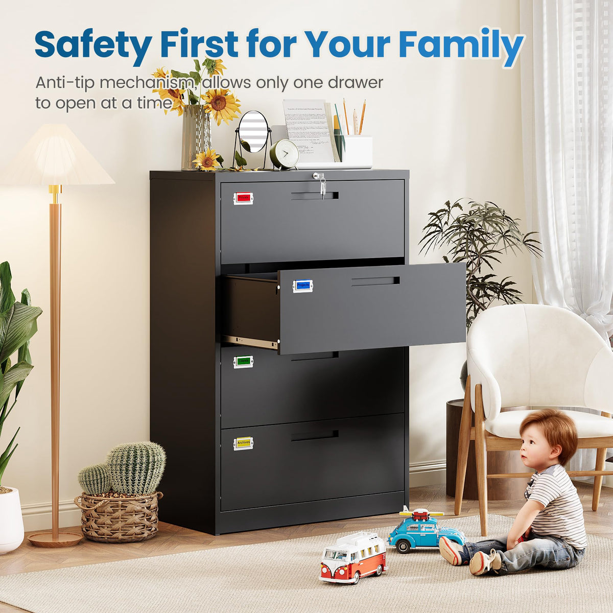 4 Drawer File Cabinet with Lock, Black N524