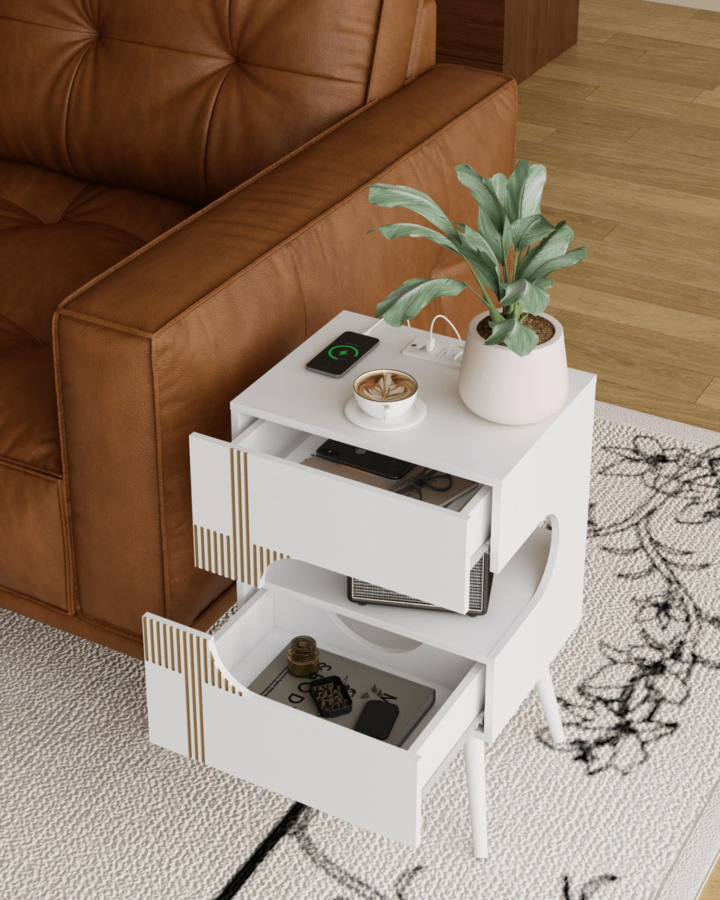 White Nightstand with Charging Station and LED Lights, 2 Storage Drawer P44099