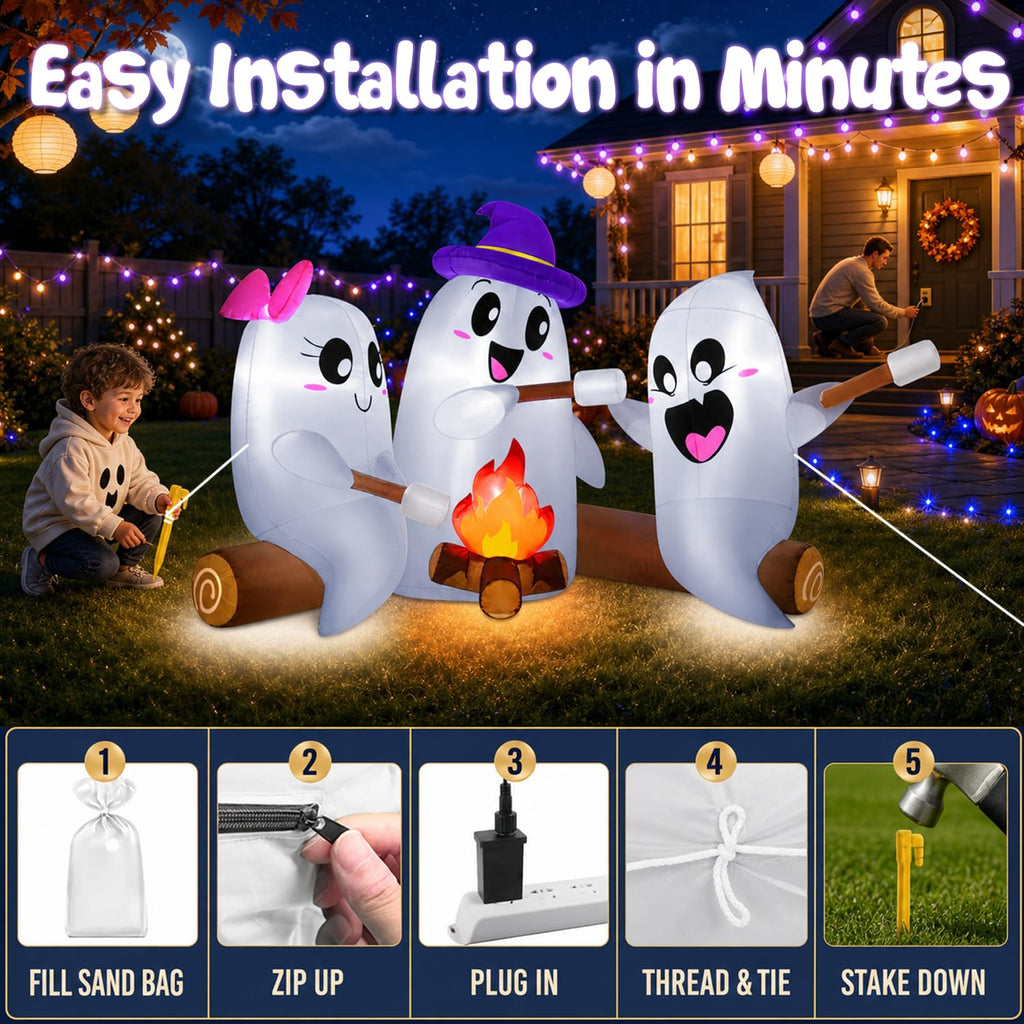6FT Halloween Inflatables Outdoor Campfire Ghosts with Built-in LEDs F79489