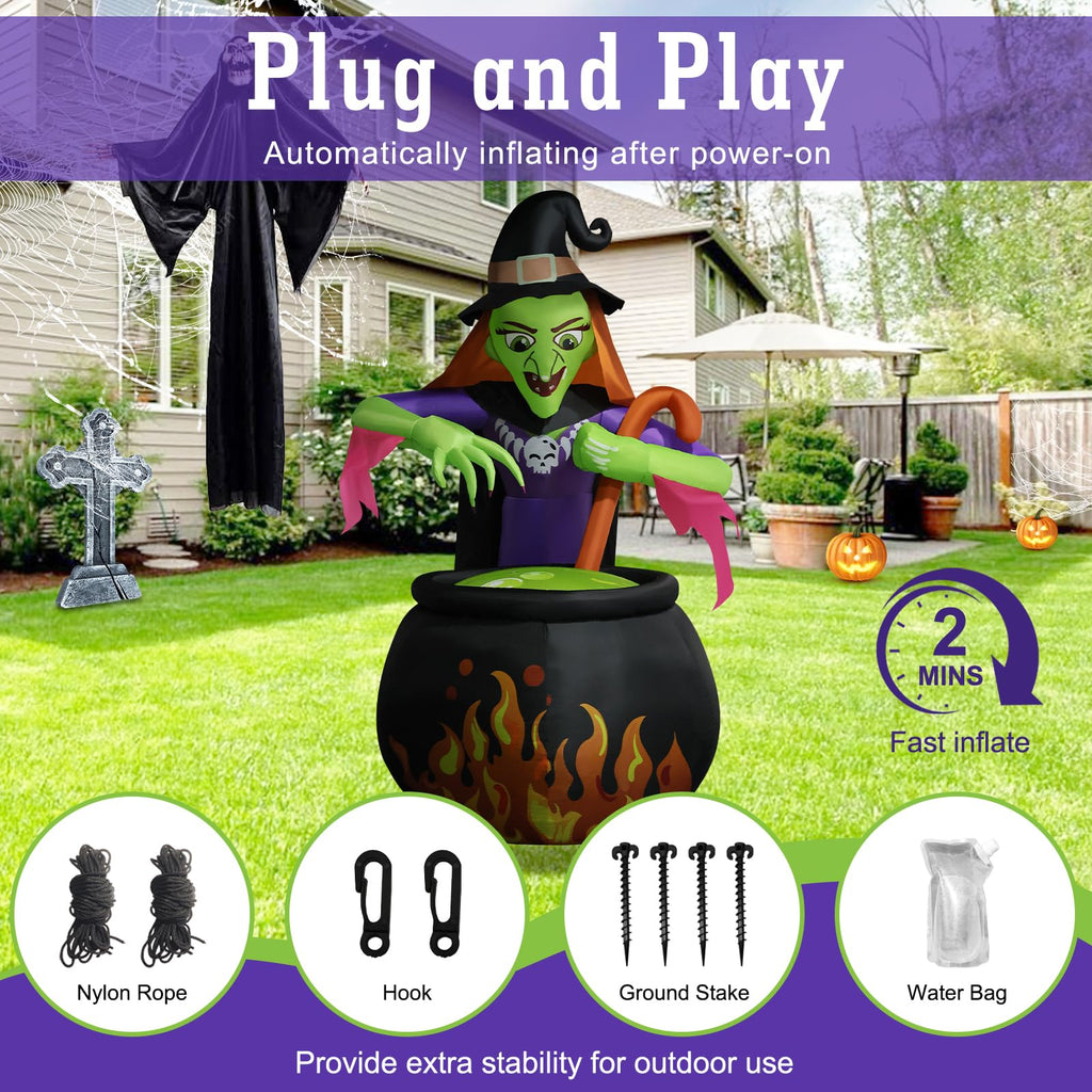 8Ft Tall Halloween Inflatable Witch Cauldron with 4 Led Lights K493