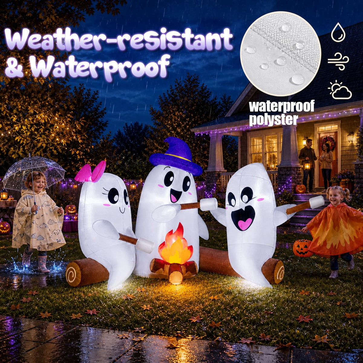 6FT Halloween Inflatables Outdoor Campfire Ghosts with Built-in LEDs F79489
