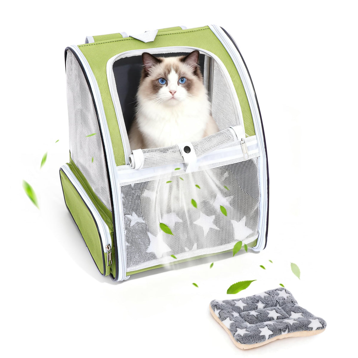 Cat Backpack Carrier with Washable Bed Mat Green L133805