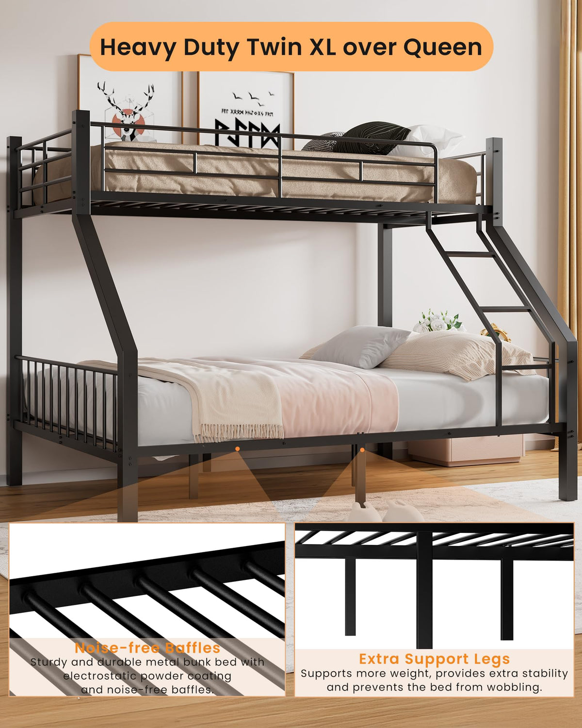 Twin XL Over Queen Bunk Bed with Ladder and Guardrails X94183