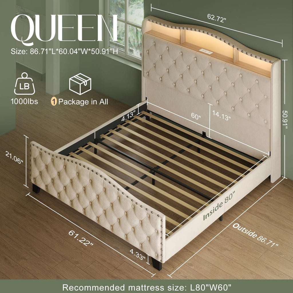 Queen Beige Platform Bed Frame with LED Headboard W63515
