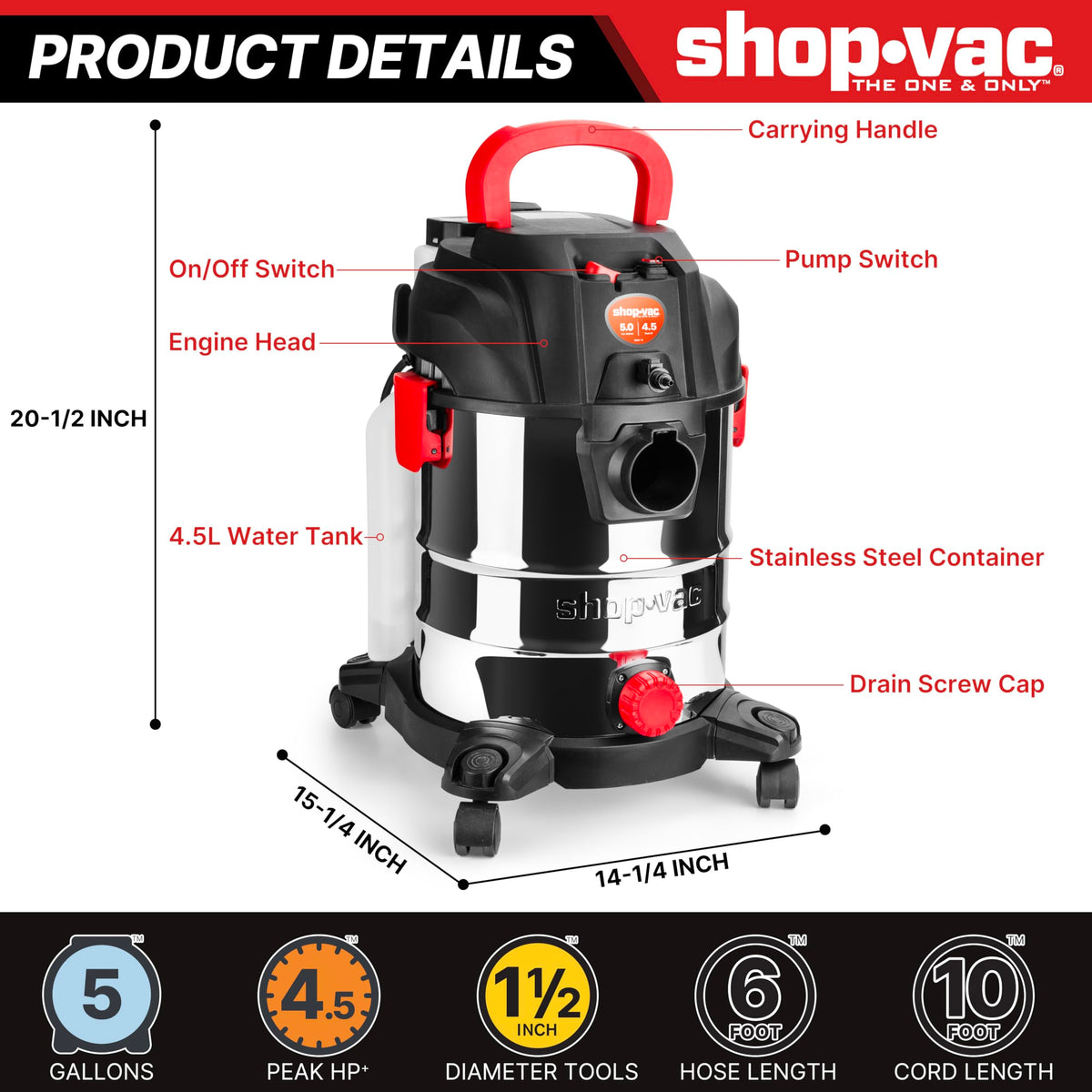 5-Gallon 4.5 Peak HP Wet/Dry Vacuum Y328014