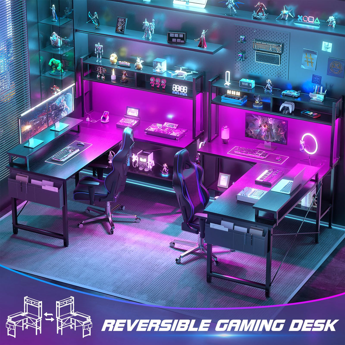 L Shaped Gaming Desk with Power Outlets & LED Lights, Black J916