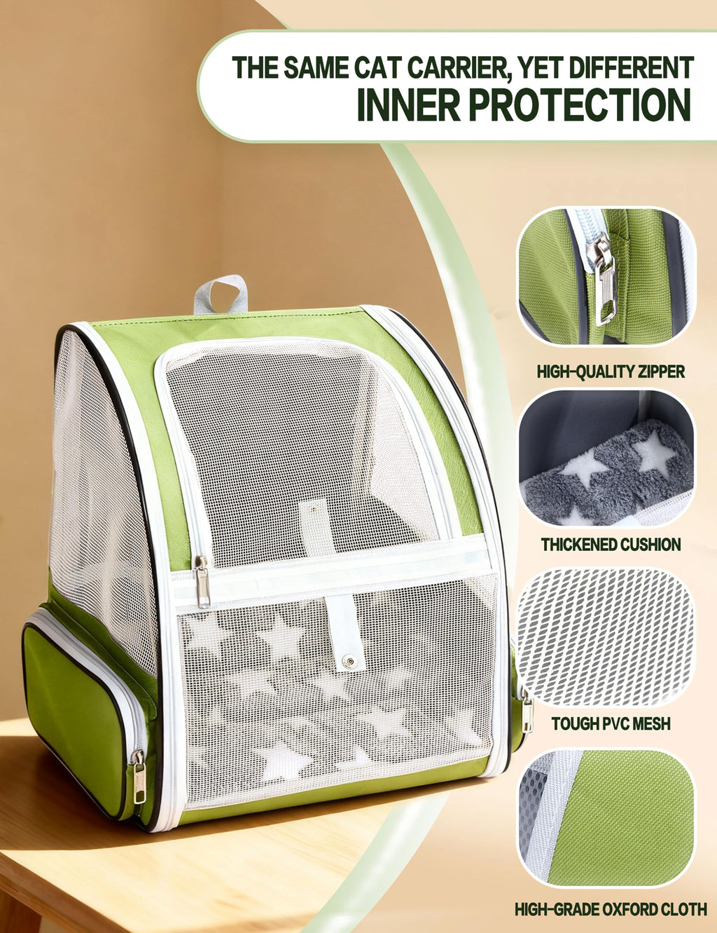 Cat Backpack Carrier with Washable Bed Mat Green L133805