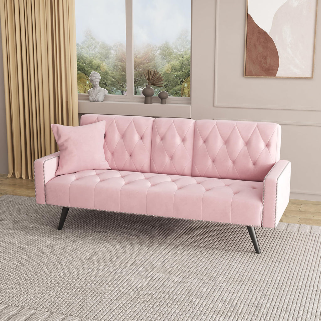 Pink Velvet Convertible Sofa Bed with Cup Holders N639111