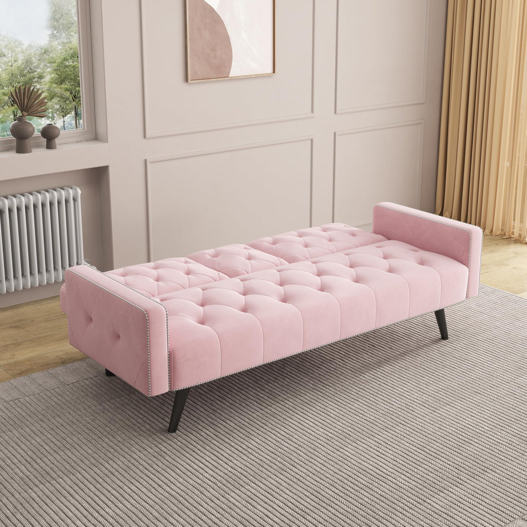 Pink Velvet Convertible Sofa Bed with Cup Holders N639111