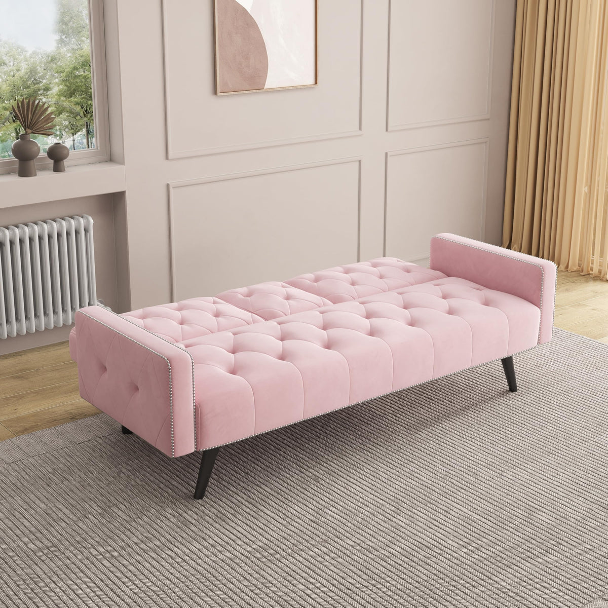 Pink Velvet Convertible Sofa Bed with Cup Holders N639111