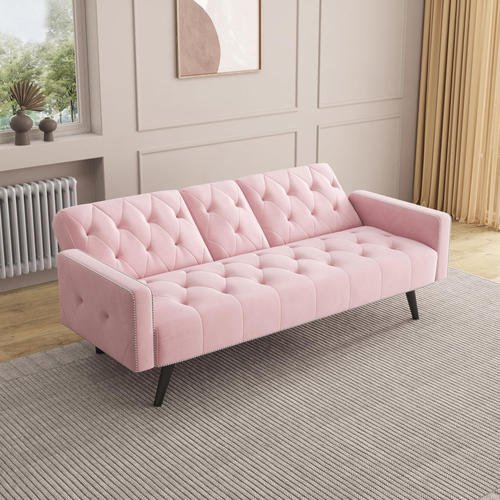 Pink Velvet Convertible Sofa Bed with Cup Holders N639111