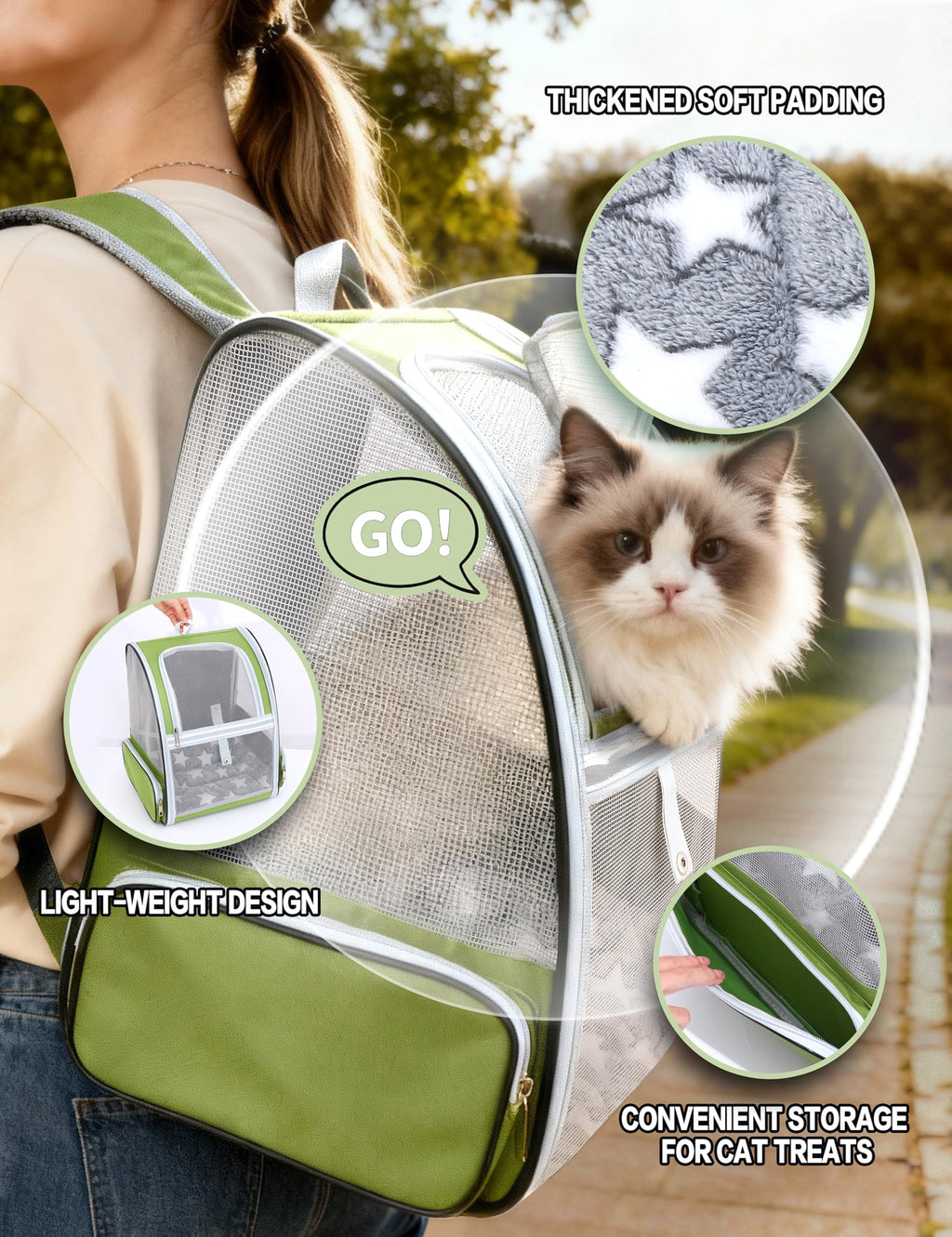 Cat Backpack Carrier with Washable Bed Mat Green L133805