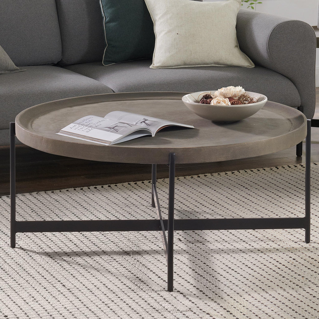 42-Inch Round Concrete-Coated Wood Coffee Table with Tray Top R307948