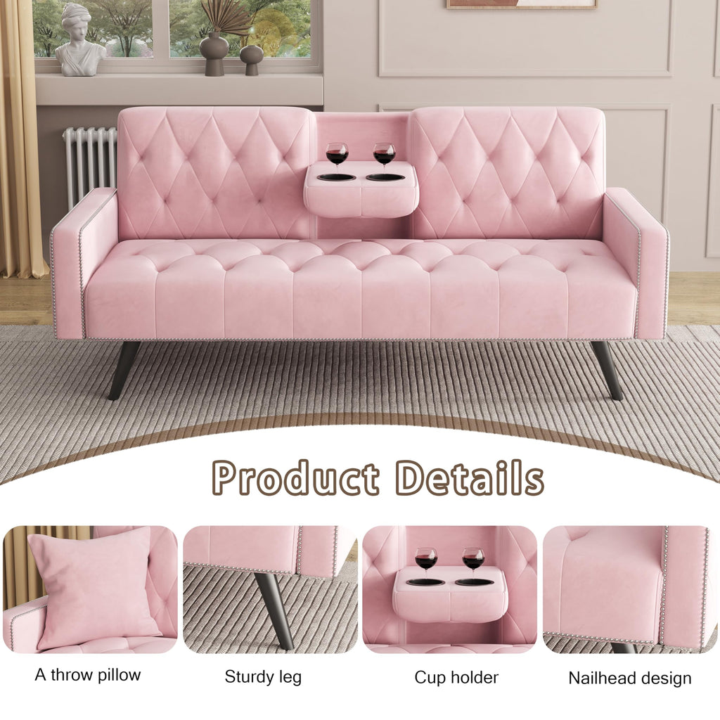 Pink Velvet Convertible Sofa Bed with Cup Holders N639111