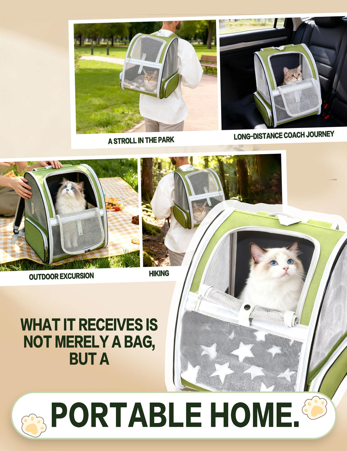 Cat Backpack Carrier with Washable Bed Mat Green L133805