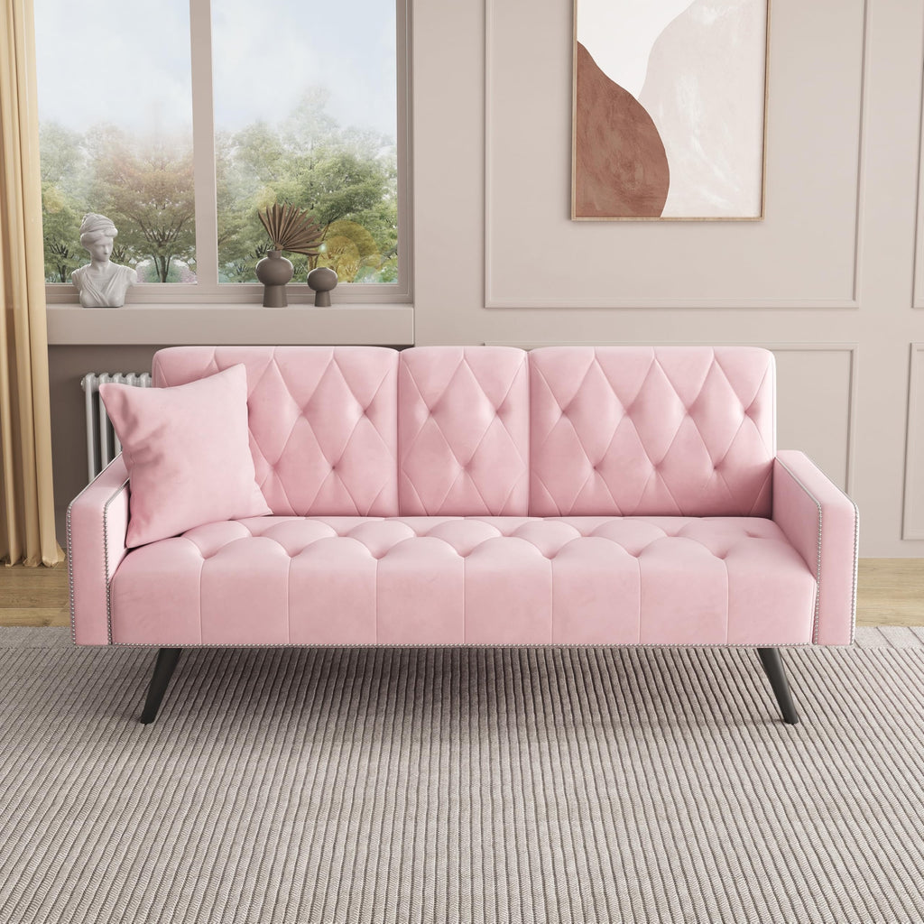 Pink Velvet Convertible Sofa Bed with Cup Holders N639111
