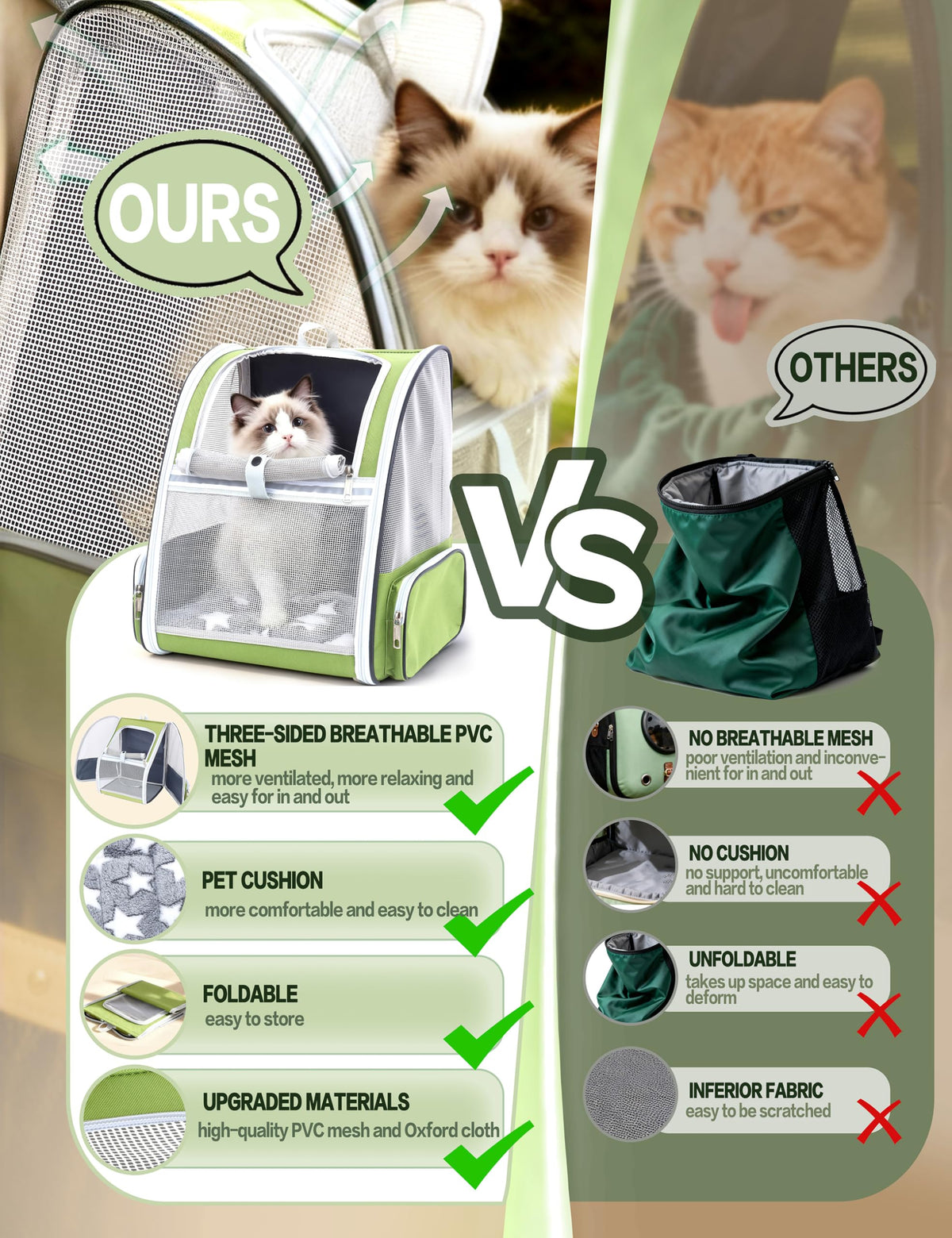 Cat Backpack Carrier with Washable Bed Mat Green L133805