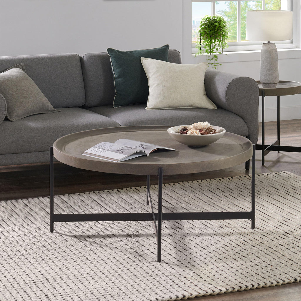 42-Inch Round Concrete-Coated Wood Coffee Table with Tray Top R307948