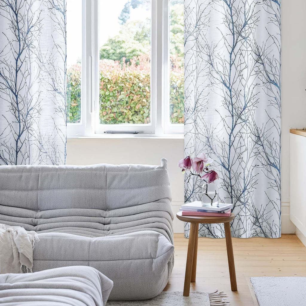 Linen Blue White Semi Sheer Curtains 84 Inch 1 Panel E439880
