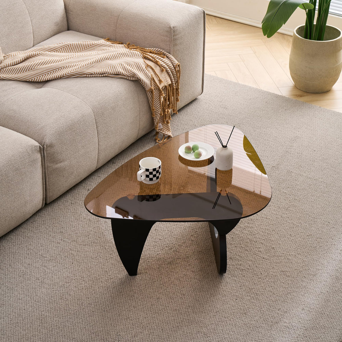 Brown Glass Coffee Table with Wood Base Y73353