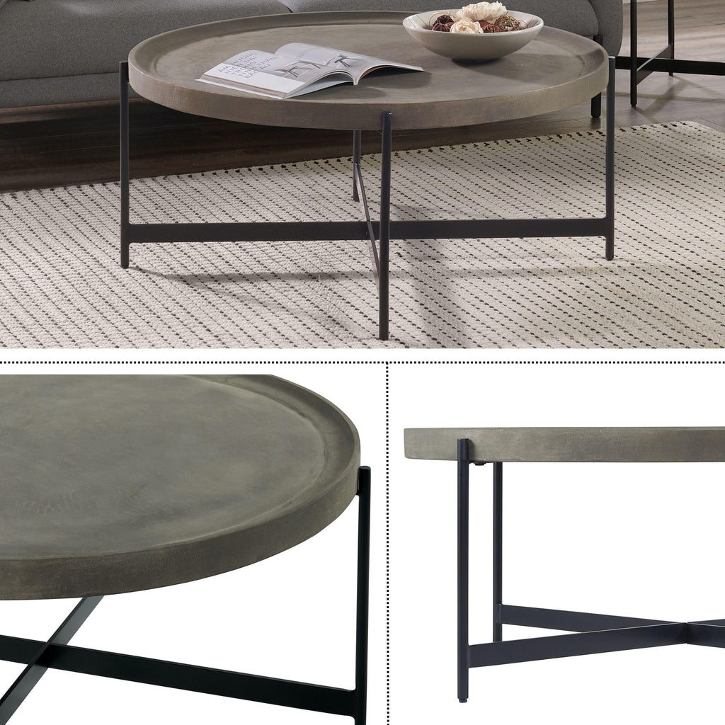 42-Inch Round Concrete-Coated Wood Coffee Table with Tray Top R307948