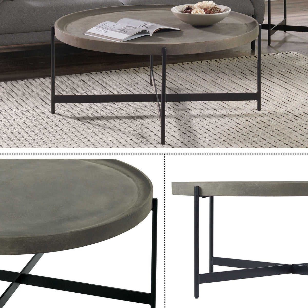 42-Inch Round Concrete-Coated Wood Coffee Table with Tray Top R307948